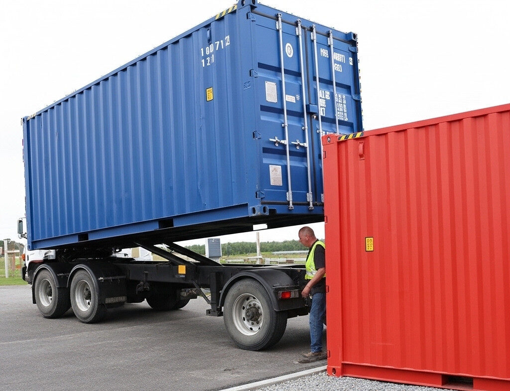 Tilt-deck delivery of sea container to property in Nova Scotia, New Brunswick, or PEI.