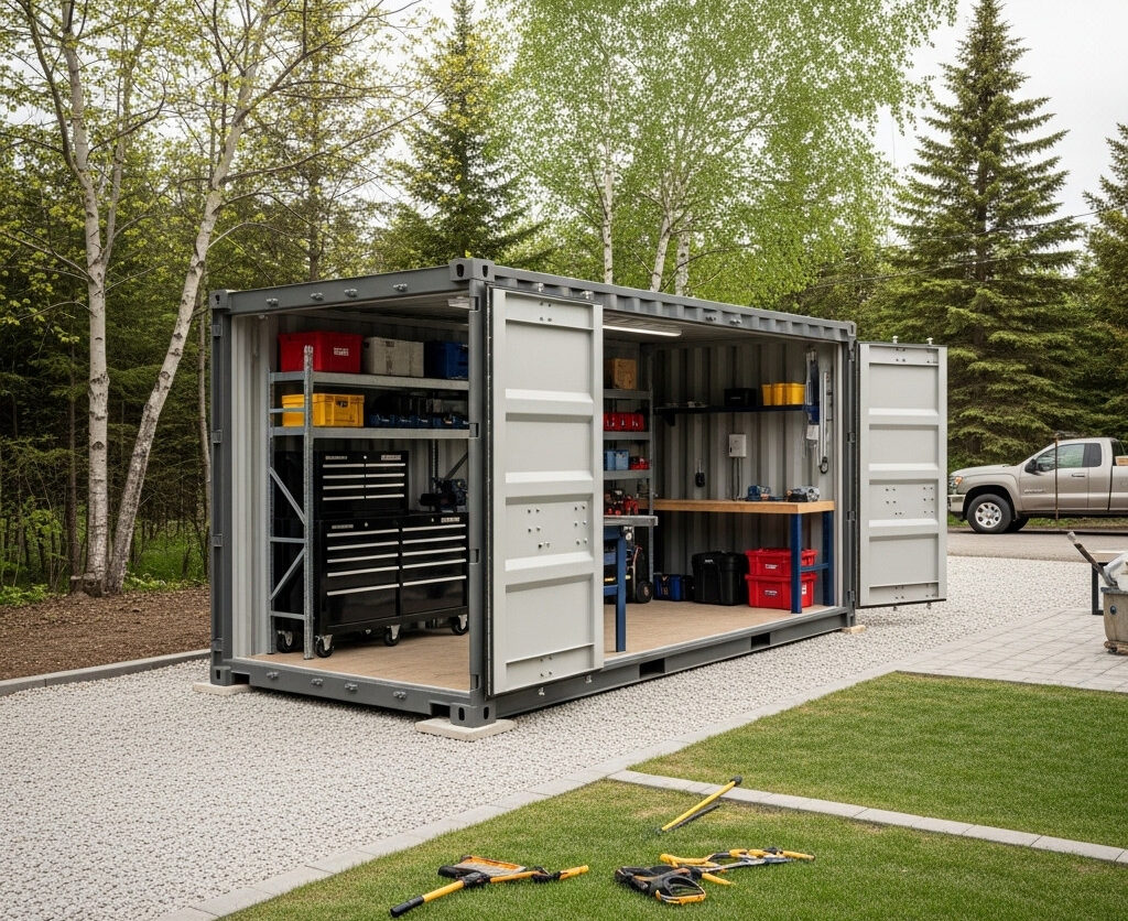 20ft shipping container with side doors installed on residential property for compact accessible storage.