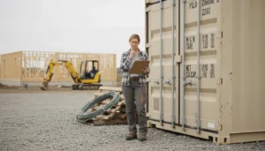 Person reviewing options beside a shipping container on a property