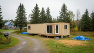 Shipping container home on a residential property in Atlantic Canada