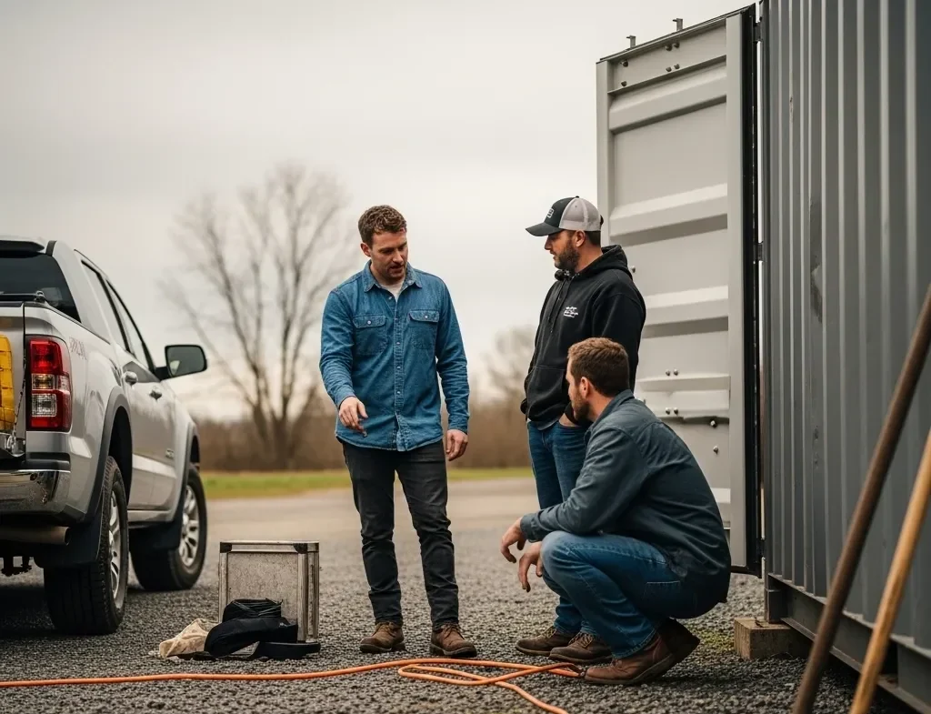 Customer discussing container placement with supplier on-site in a natural setting