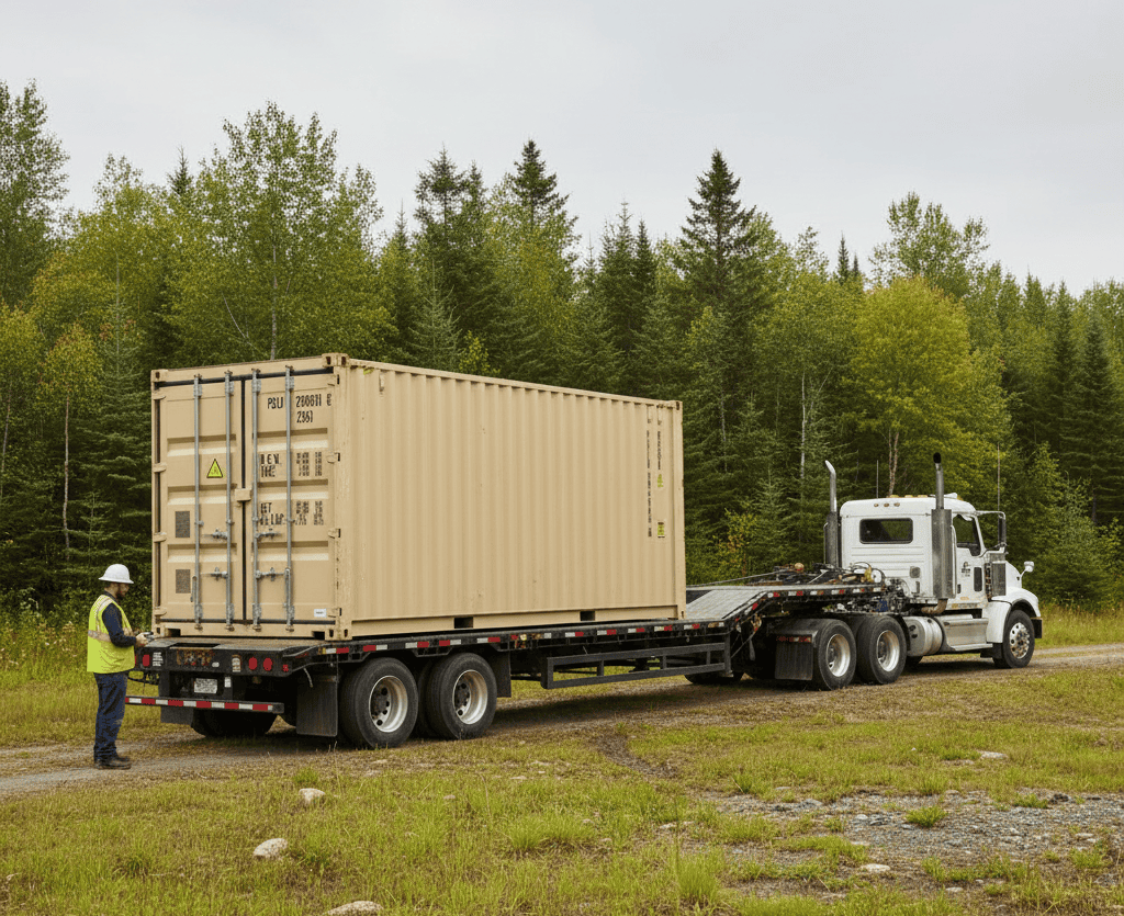 Shipping container being delivered to a rural property in New Brunswick
