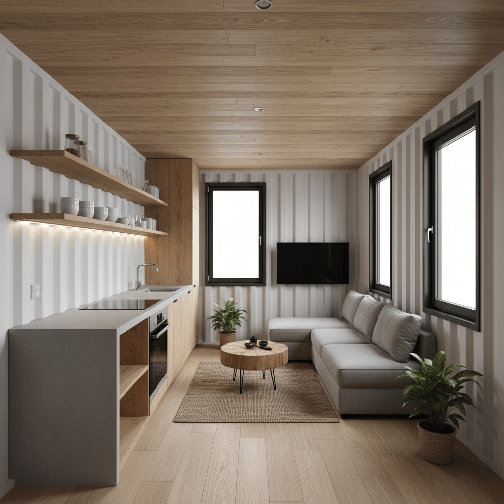 Finished container home interior with kitchen and living space