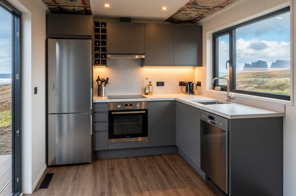 Interior features included in a Newfoundland container home build such as kitchen and finishes