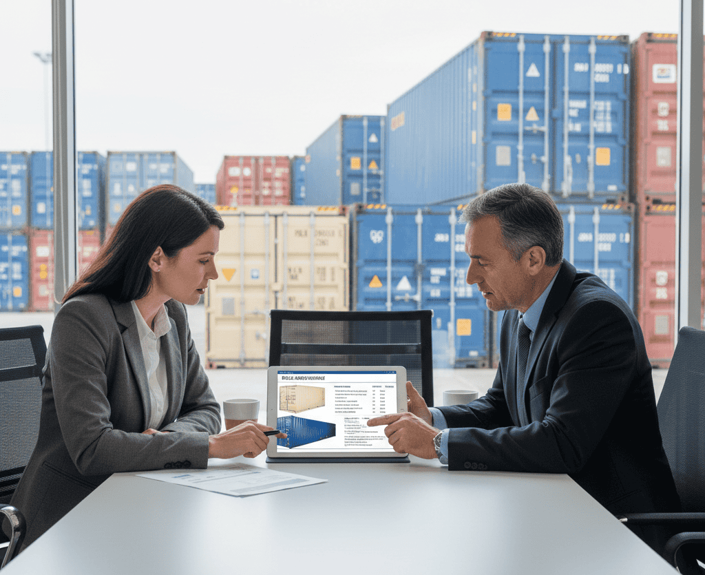 Buyer comparing shipping container options and pricing with a supplier in Canada