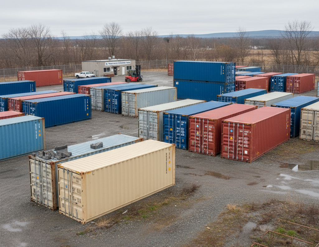 Shipping containers for sale in a New Brunswick yard with multiple sizes and conditions available