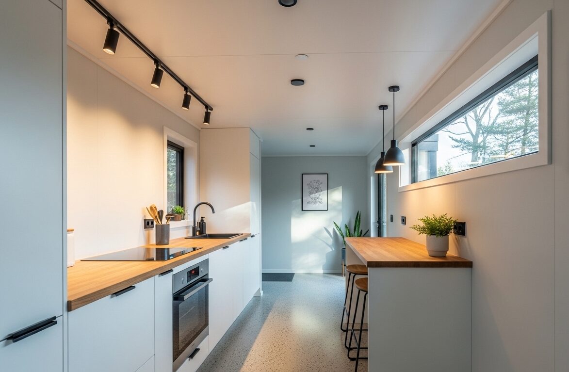 Interior features included in a container home build such as kitchen and finishes