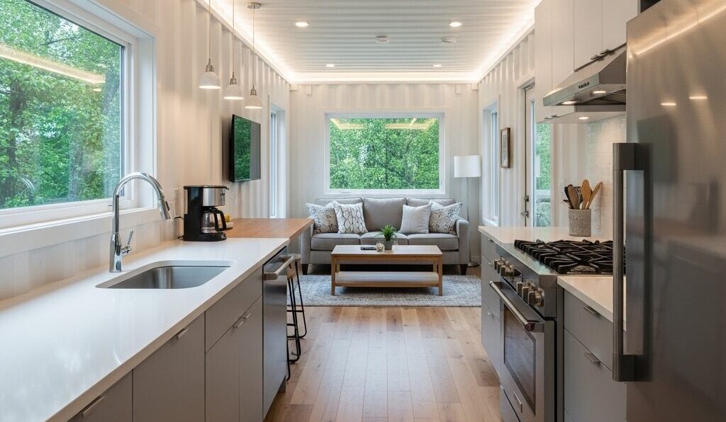 Interior features included in a container home build such as kitchen and finishes