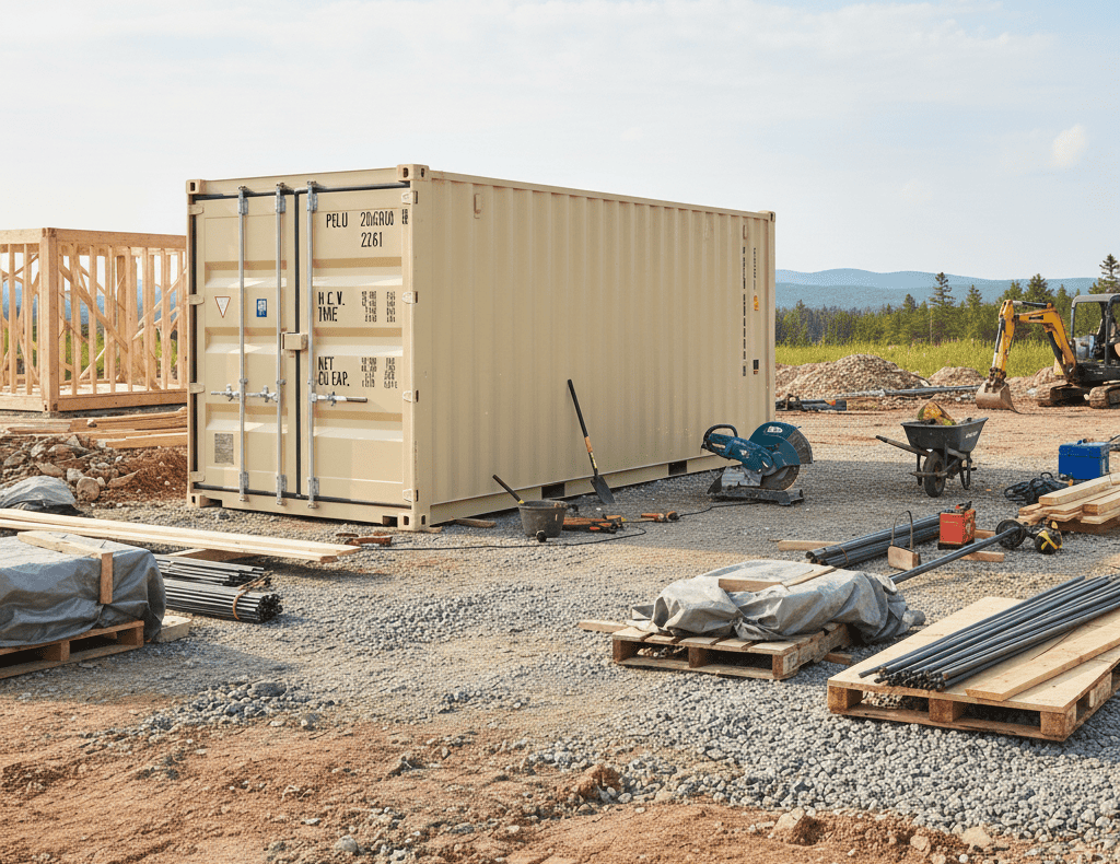 Sea can rental being used for storage on a Nova Scotia construction site