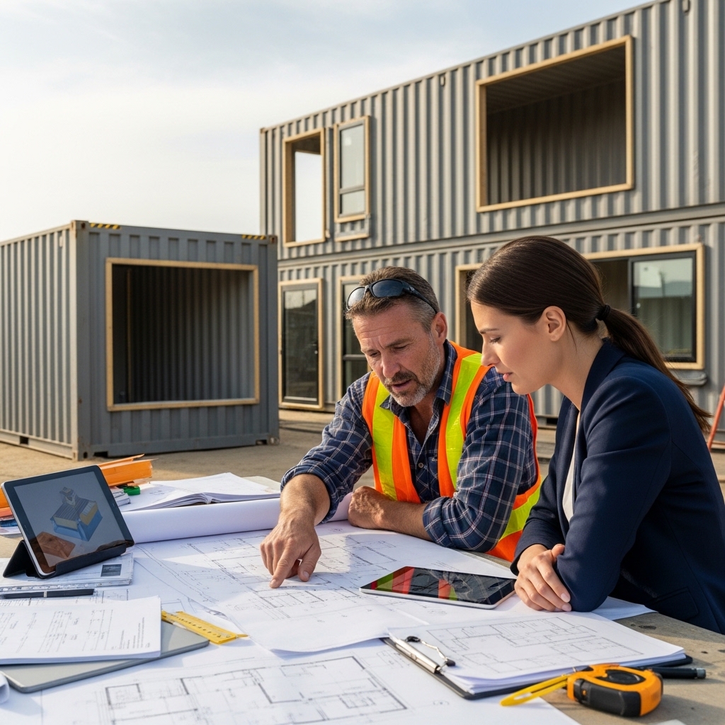 Builder explaining container home build scope and inclusions to a client