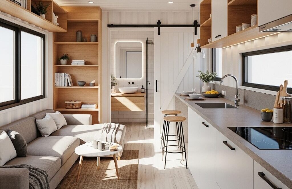 Finished interior features included in a shipping container home build estimate