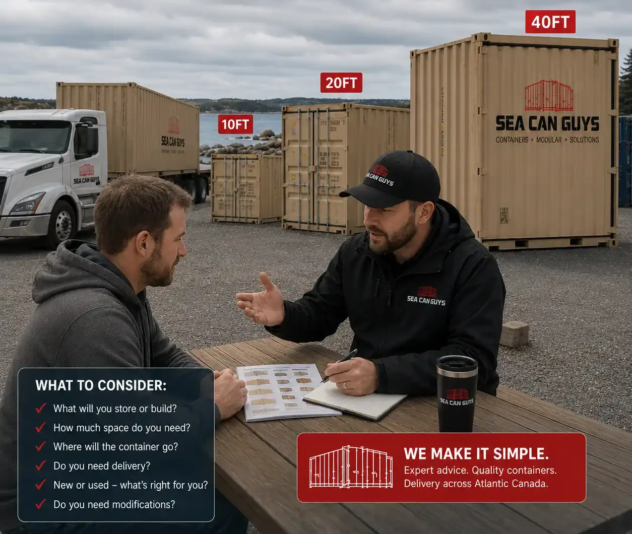 Customer discussing sea container sizes, delivery, and storage options with Sea Can Guys specialist in Atlantic Canada
