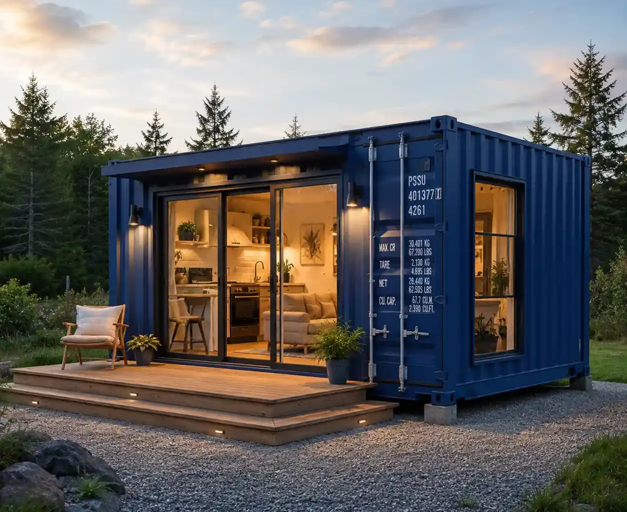 Container home designed with functional living spaces including kitchen, living room, and workspace.