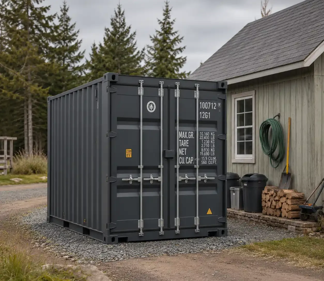 Compact 10 foot shipping container on rural Canadian property