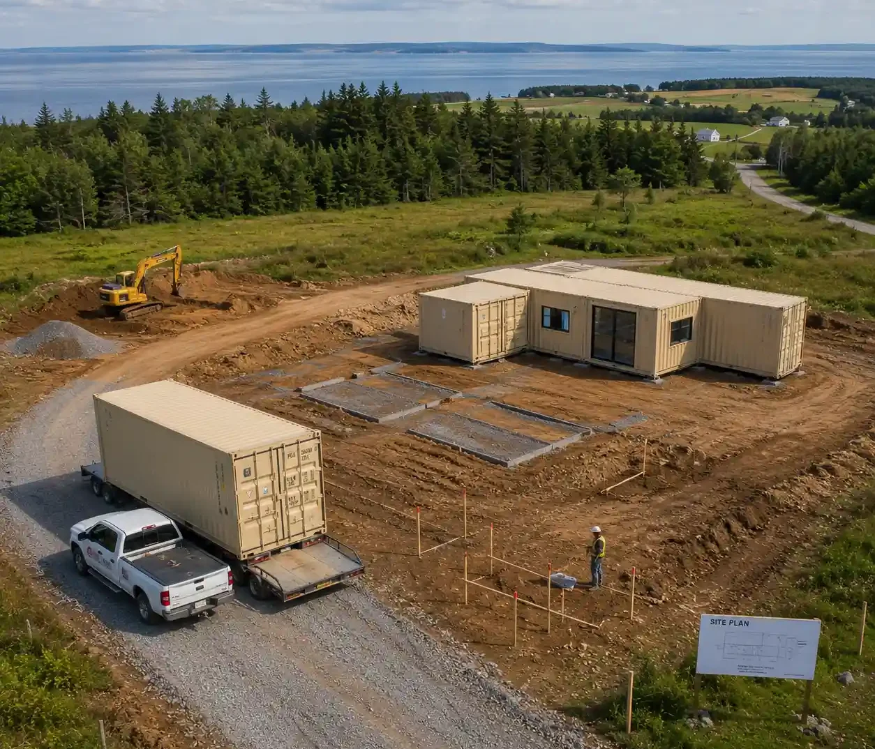 Container modular home site planning on rural land in New Brunswick