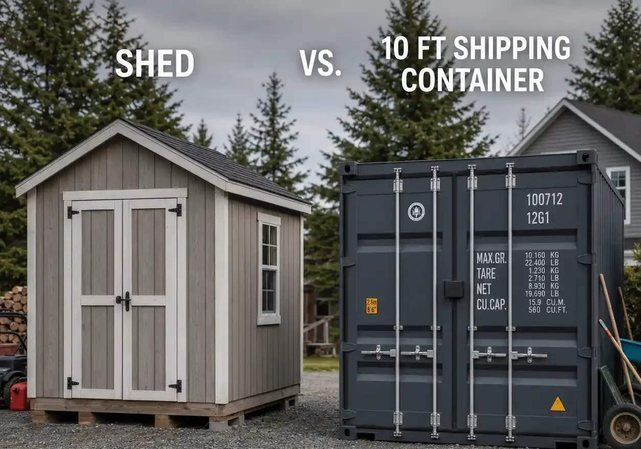 10 foot shipping container compared to a backyard storage shed