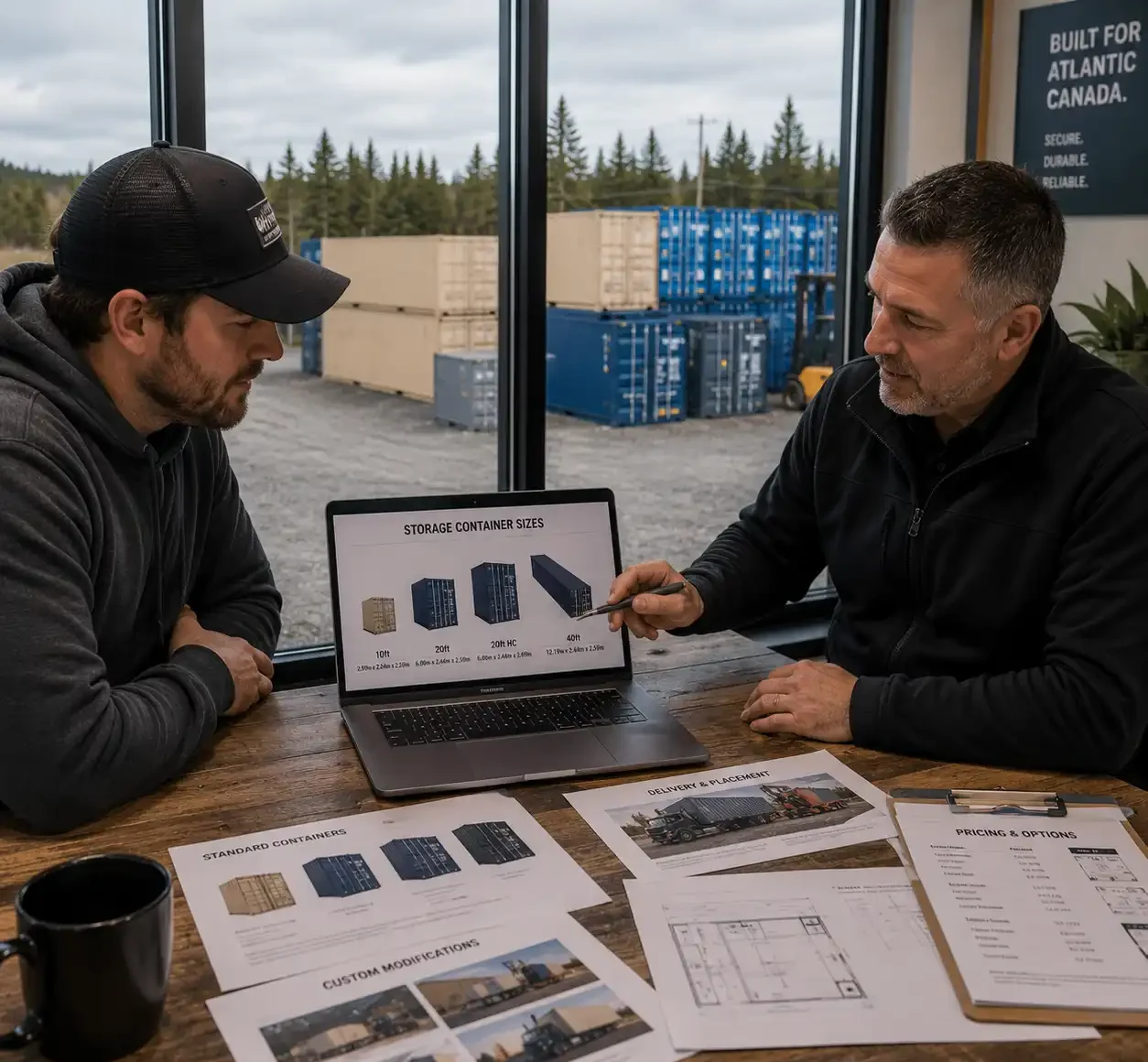 Customer comparing storage container options with specialist