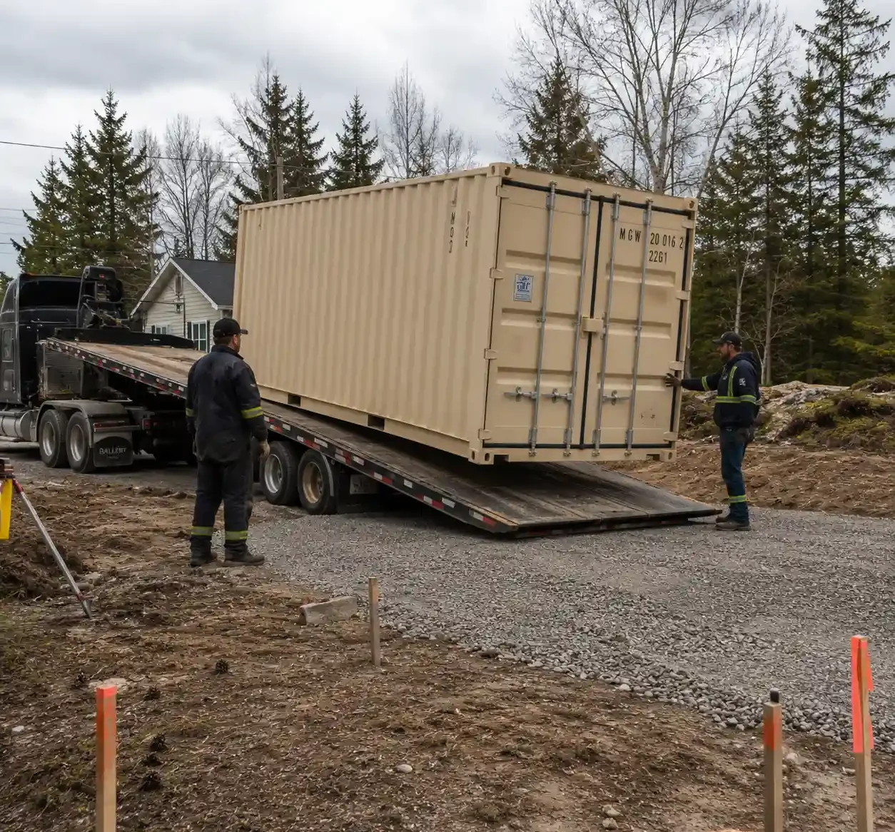Storage container delivery and placement on rural Atlantic Canada property