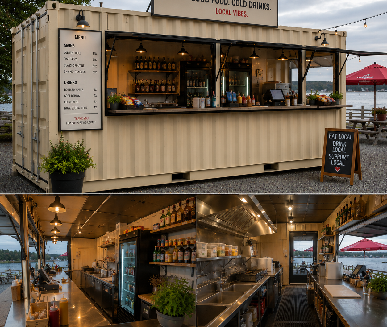 Custom concession stand features including service windows counters and storage areas