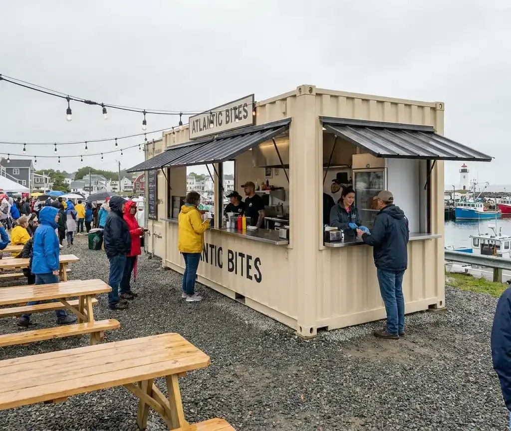 Modern container concession stand serving food and drinks at outdoor event in Atlantic Canada