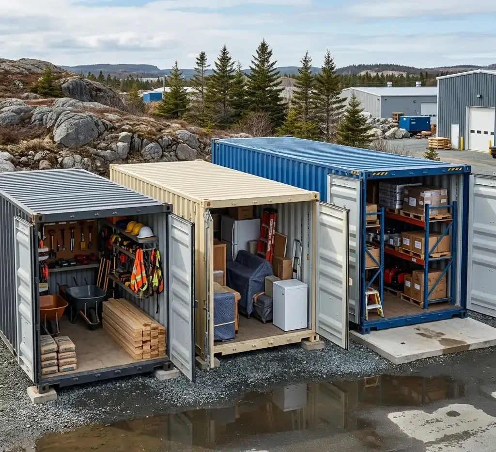 Shipping containers used for construction, commercial, and residential storage in St. John's Newfoundland.