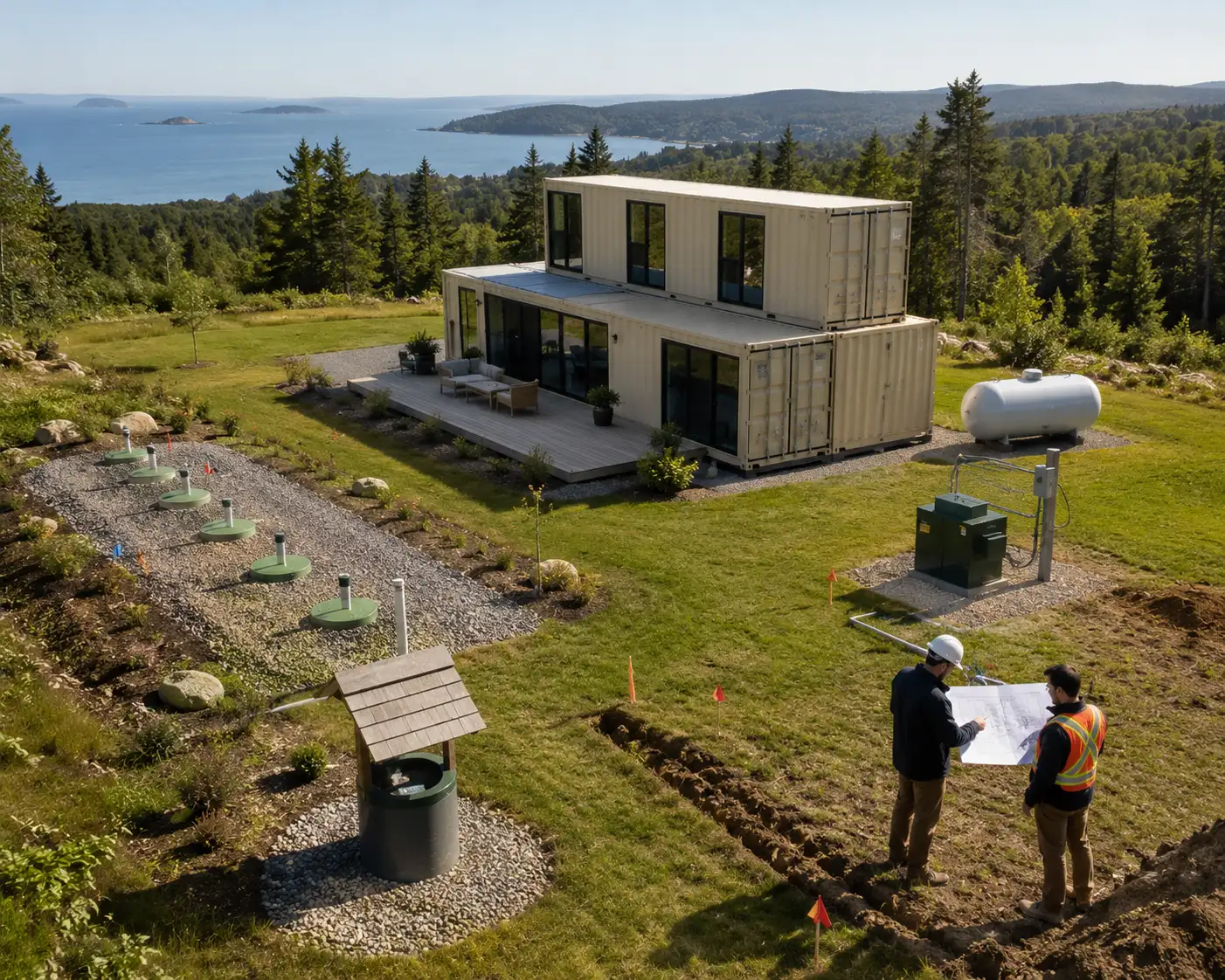 Luxury container home property showing separate utility servicing including well, septic, electrical, and underground infrastructure.