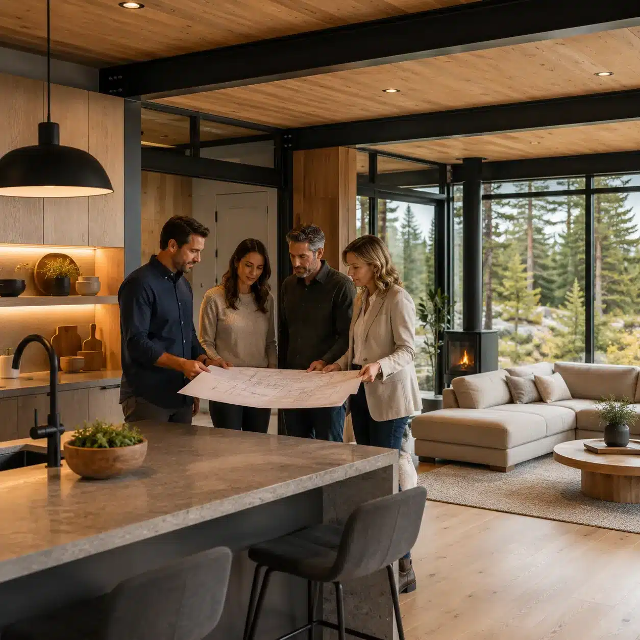 Engineer and homeowners reviewing residential construction details inside a completed modern container home.