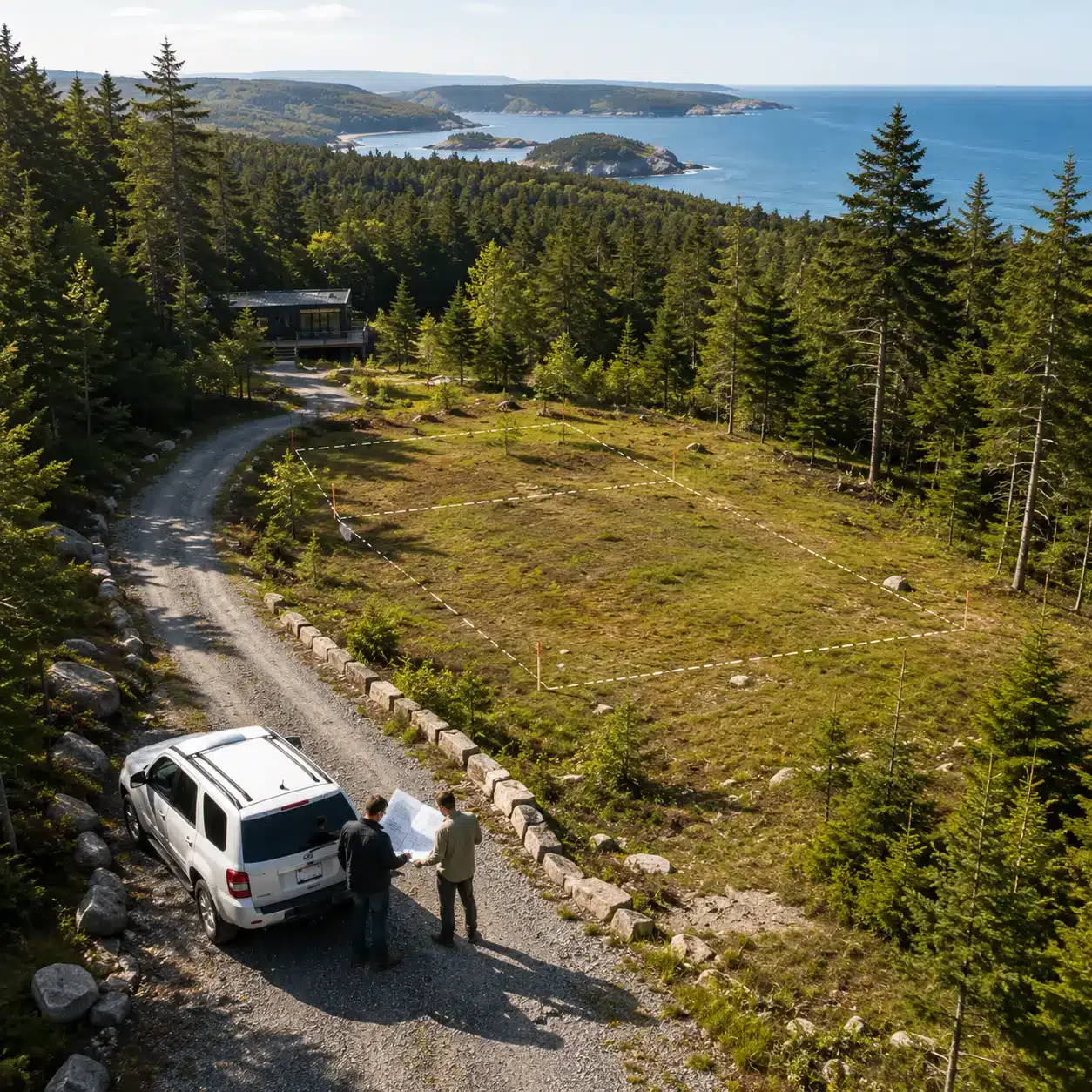 Site planners reviewing delivery access and placement for a future container home on a rural Atlantic Canadian property.